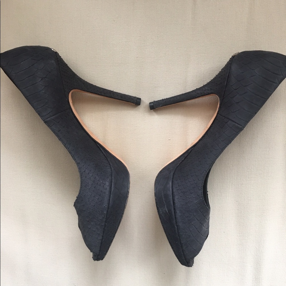 Dior black snake embossed suede peep toe pump